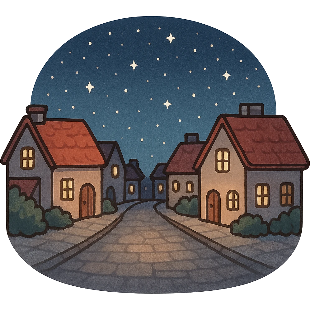 一个复活节的场景，一个街道，两边都是小房子，中间是一条街道，夜晚，星空 emoji