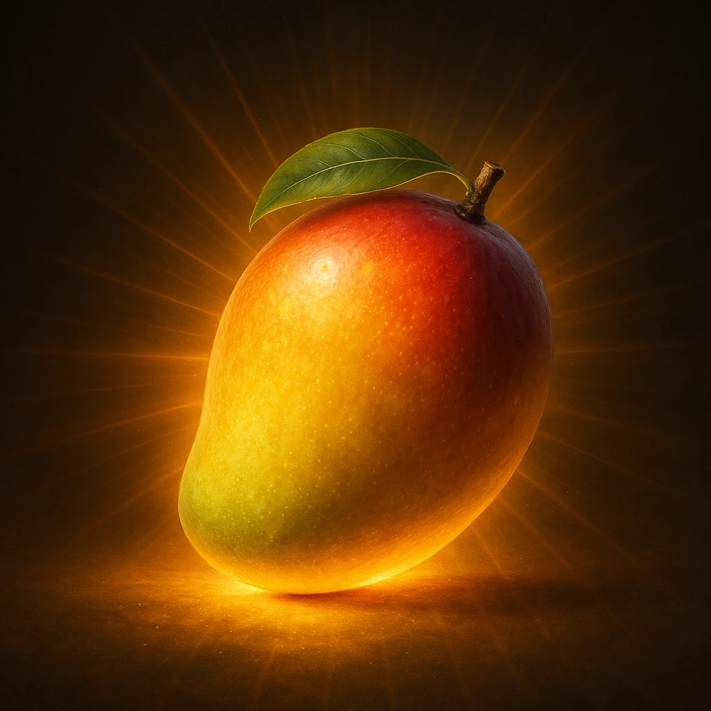 a glowing mango, realistic style, radiant light effect emoji