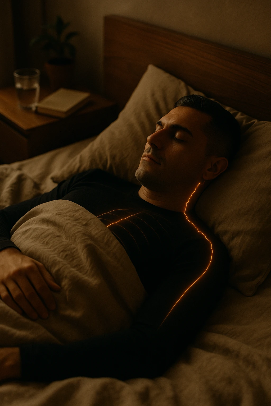 A cinematic close-up of a man in his early 30s sleeping peacefully on his back in a softly lit bedroom. His breathing is calm, chest rising slowly. The sheets are slightly crumpled, natural linen textures in warm beige tones. His face is relaxed, with faint light illuminating the side of his cheek and temple from a nearby window. Around his body, faint glowing lines follow the spine and head, symbolizing deep nervous system recovery and hormonal balance. On the nightstand: a glass of water, a book, and no electronics. The room is quiet and grounded, with natural elements like a small plant and a wooden headboard. Shot in 35mm cinematic style, with warm ambient tones, shallow depth of field, and a peaceful, healing atmosphere emoji
