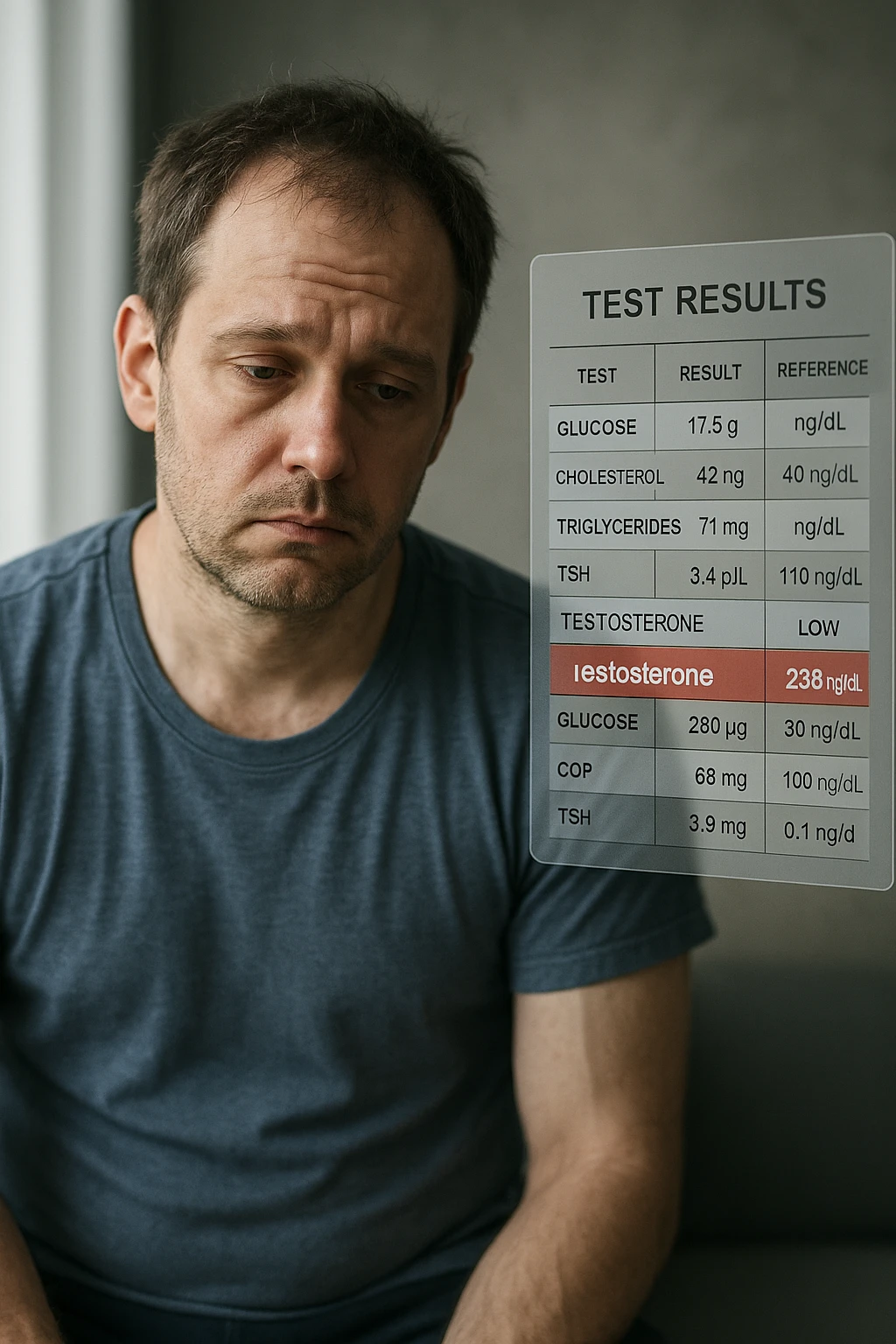 Un uomo caucasico di 35-45 anni, in CGI fotorealistico, che mostra i segni fisici ed emotivi di un basso livello di testosterone. aggiungere un referto medico semi-trasparente fluttuante accanto a lui, con valori di testosterone evidenziati in rosso. emoji