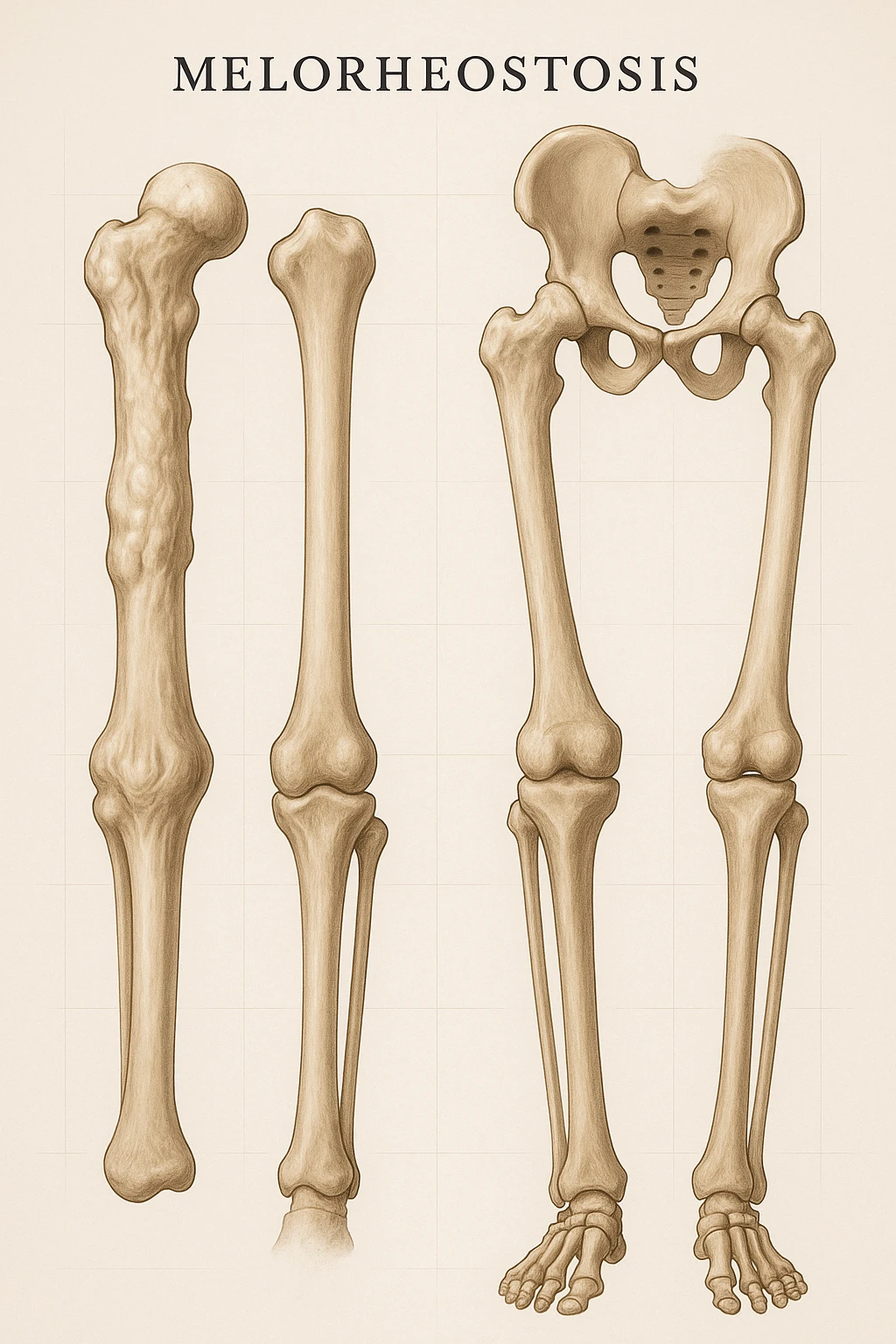 A highly realistic medical illustration focusing on a human arm and leg bones affected by melorheostosis. The bones appear visibly thickened, irregular, and larger than normal, with clear, layered bone growth resembling melted wax dripping down the side of the bones. The image shows a side-by-side comparison with a healthy bone for clarity, highlighting the difference in size and texture. The color palette includes neutral bone colors with subtle shading to show the abnormal contours and ridges. The background is clean and minimalistic, with faint anatomical grid lines for a scientific, educational feel. The overall mood is informative and precise, conveying the key visual characteristic of melorheostosis: progressive bone thickening that makes bones visibly larger and irregular. emoji