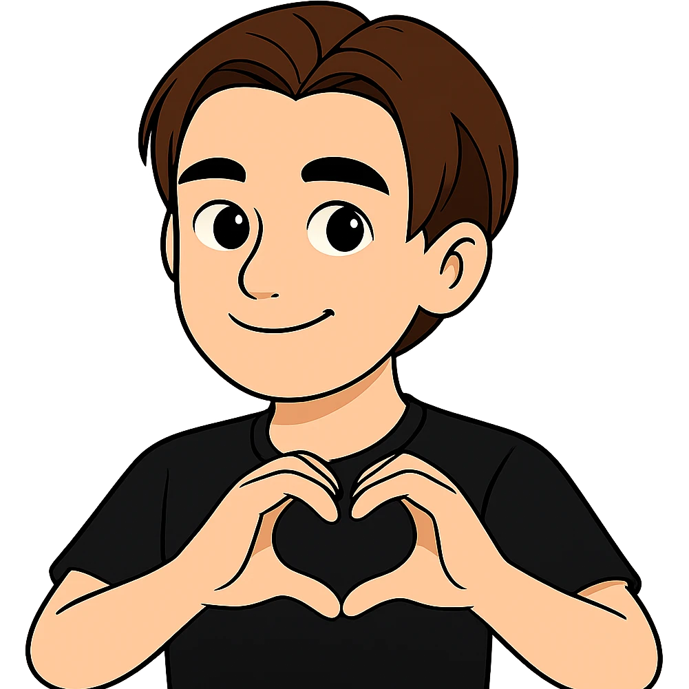 Edit the image of the boy to show him making a heart shape with both hands, smiling, wearing a black shirt. Keep the face and style as in the original image. emoji