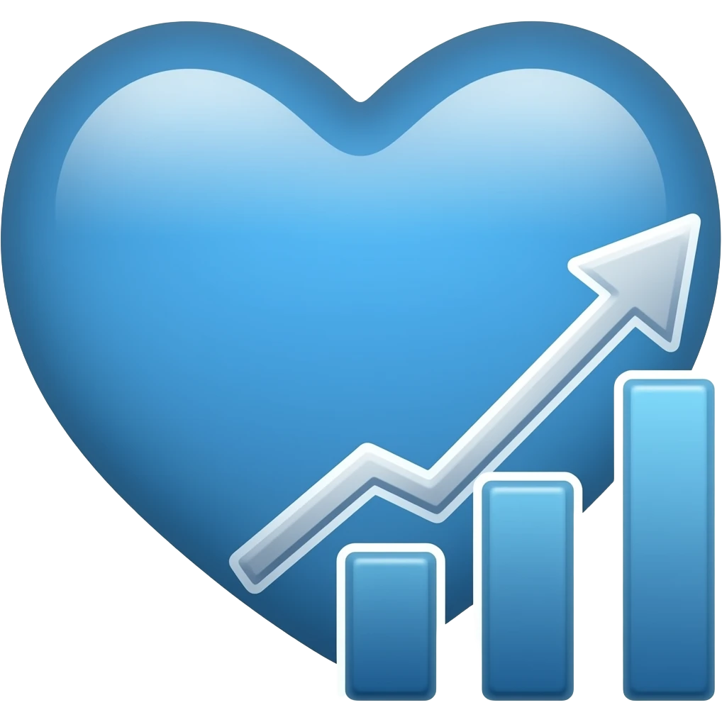 On the left: a whole blue heart. On the right: a growing economic chart in the form of an arrow emoji