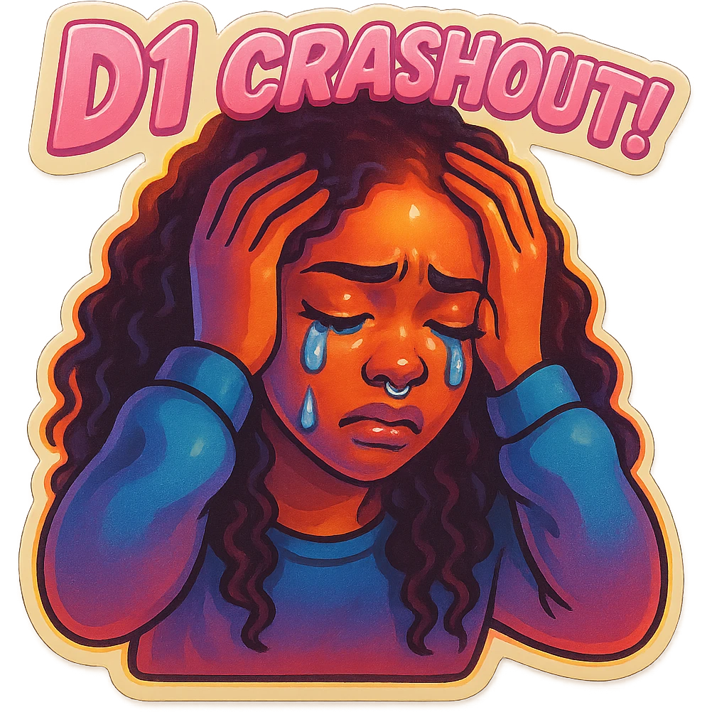Crying Holding head 
add the wordsD1 Crashout!  in pink  emoji