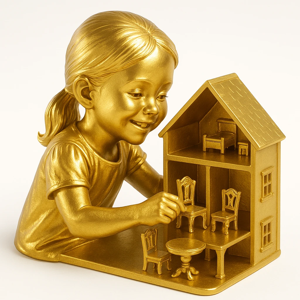 smiling girl arranging furniture in doll house emoji