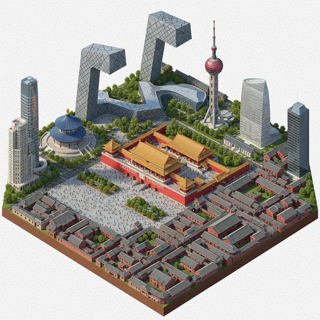 Isometric miniature of Beijing Forbidden City, Tiananmen Square, CCTV Headquarters, Temple of Heaven, China Zun tower, Bird’s Nest Stadium and crowded hutong alleys, apartment blocks, 3D miniature effect and Tilt Shift effect, no cartoonish look, transparent background, don't cut angles emoji