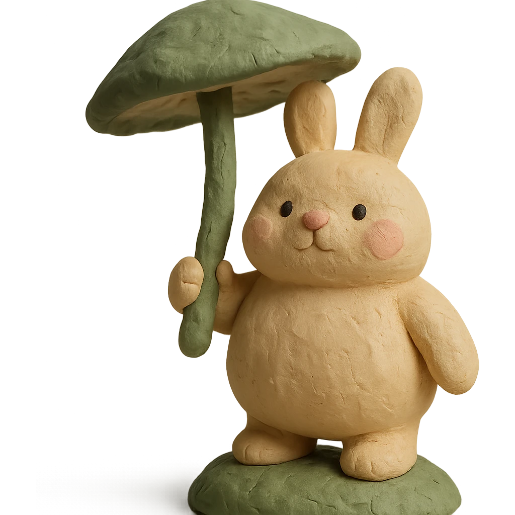 chubby bunny holding a mushroom umbrella, pastel beige and moss green, claymation style emoji