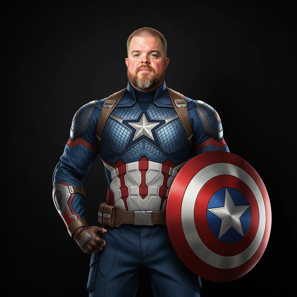 Transform this photo of me into a super-muscular, athletic version of myself wearing the modern Captain America suit from the Avengers movies. Keep my face but give me a heroic, powerful build, with detailed armor, shield, and confident posture. emoji