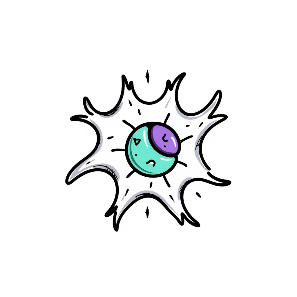 hand-drawn anatomical neuron illustration with blue cell body (soma), purple dendrites, long green axon with myelin sheath, surrounded by a glowing shield-like aura, detailed scientific doodle style emoji
