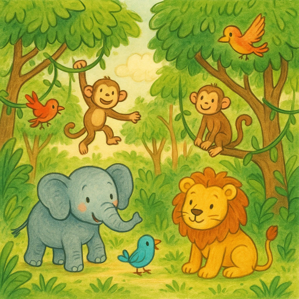 hand drawn digital illustration of jungle safari in the style of children's illustration emoji