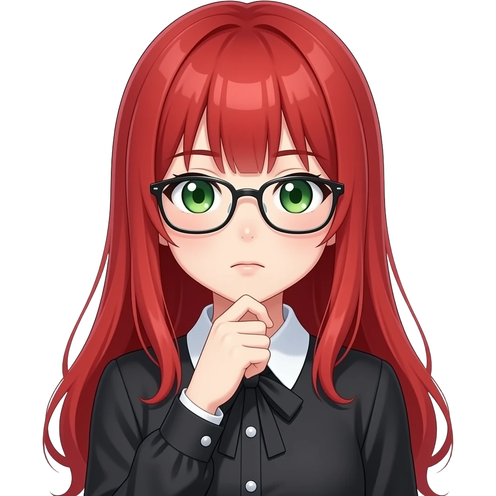 anime girl, glasses thinking hard,  red hair, green eyes, black blouse with white collar emoji