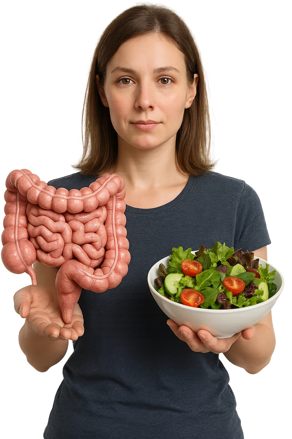 DONNA CON INTESTINO UMANO ANATOMICO CON INSALATA IN MANO, iperrealistico 4k, SFONDO BIANCO emoji