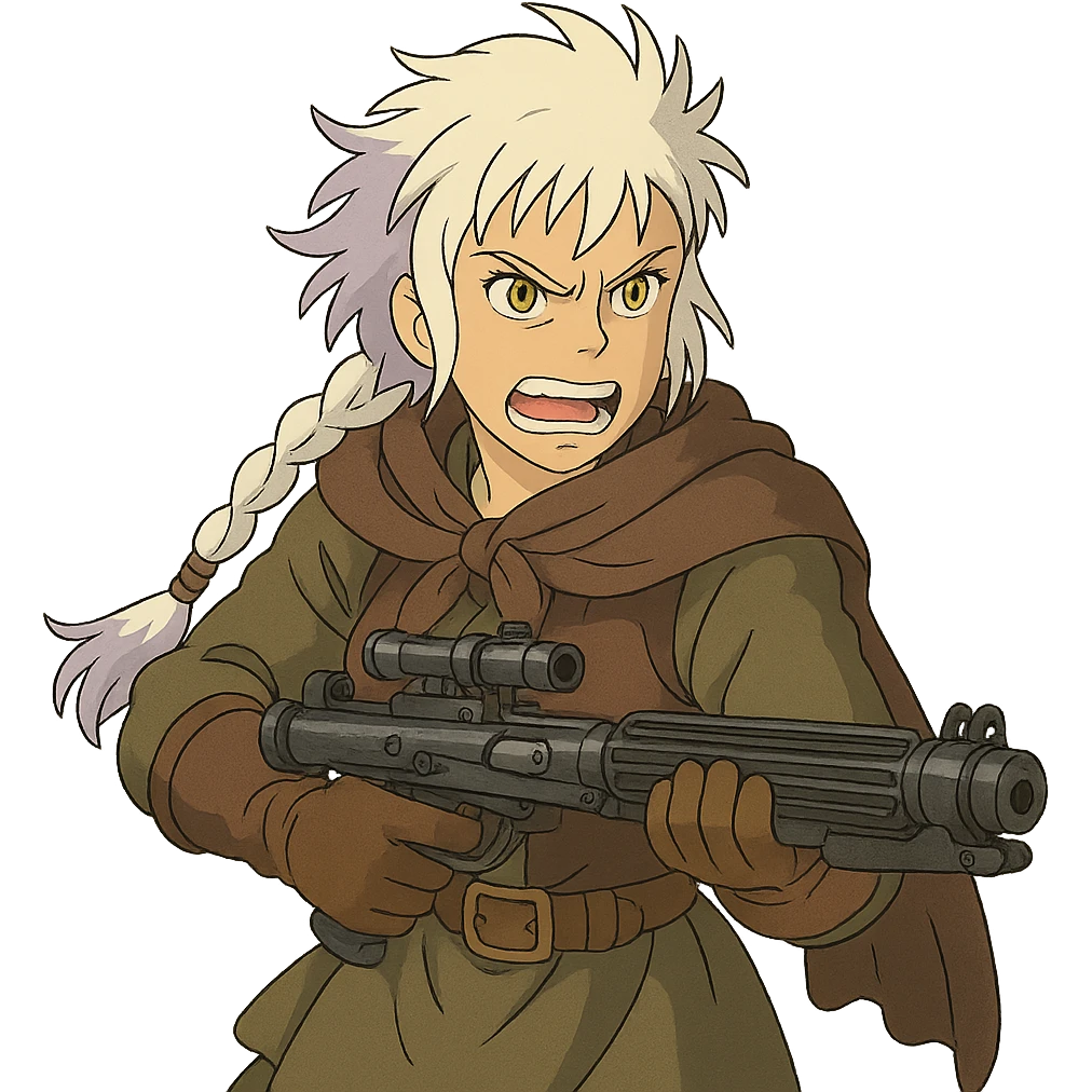 1 FEMALE, GOLD YELLOW EYES, WHITE HAIR LAVENDER TIPS, MESSY LOCKS BANGS MOHAWK, LONG BRAID, MERCENARY GARB, HOLDING A STORMTROOPER'S E11 BLASTER RIFLE, BRANDISHING, FURIOUS GLARE, GRITTING TEETH emoji
