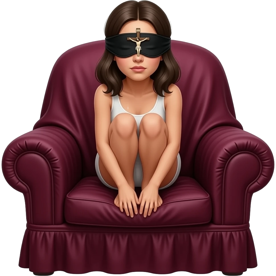 The female realistic skinny  figure is in a crouching on the armchair covered with heavy bordo fabric. The most prominent detail is the black eye mask with a small figurine of the crucified Jesus sewn between the eyes emoji