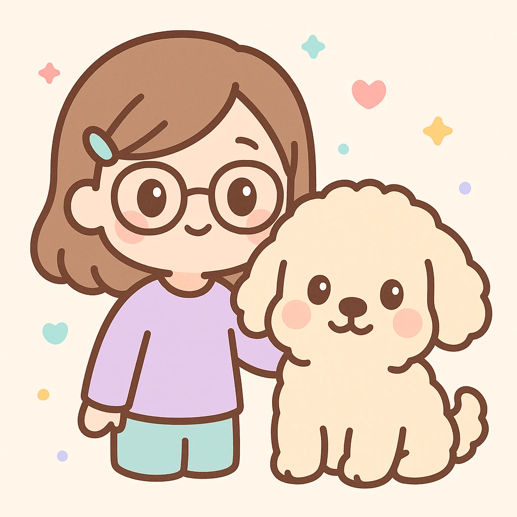 chibi style brunette female with glasses and her cream colored goldendoodle emoji