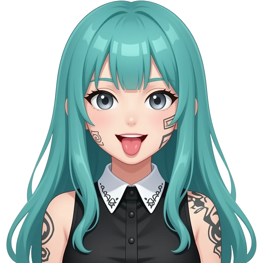 anime girl, silly face, tongue out, face tattoos, long flowing teal hair, grey eyes, black shoulder cyberpunk blouse with fancy white collar emoji