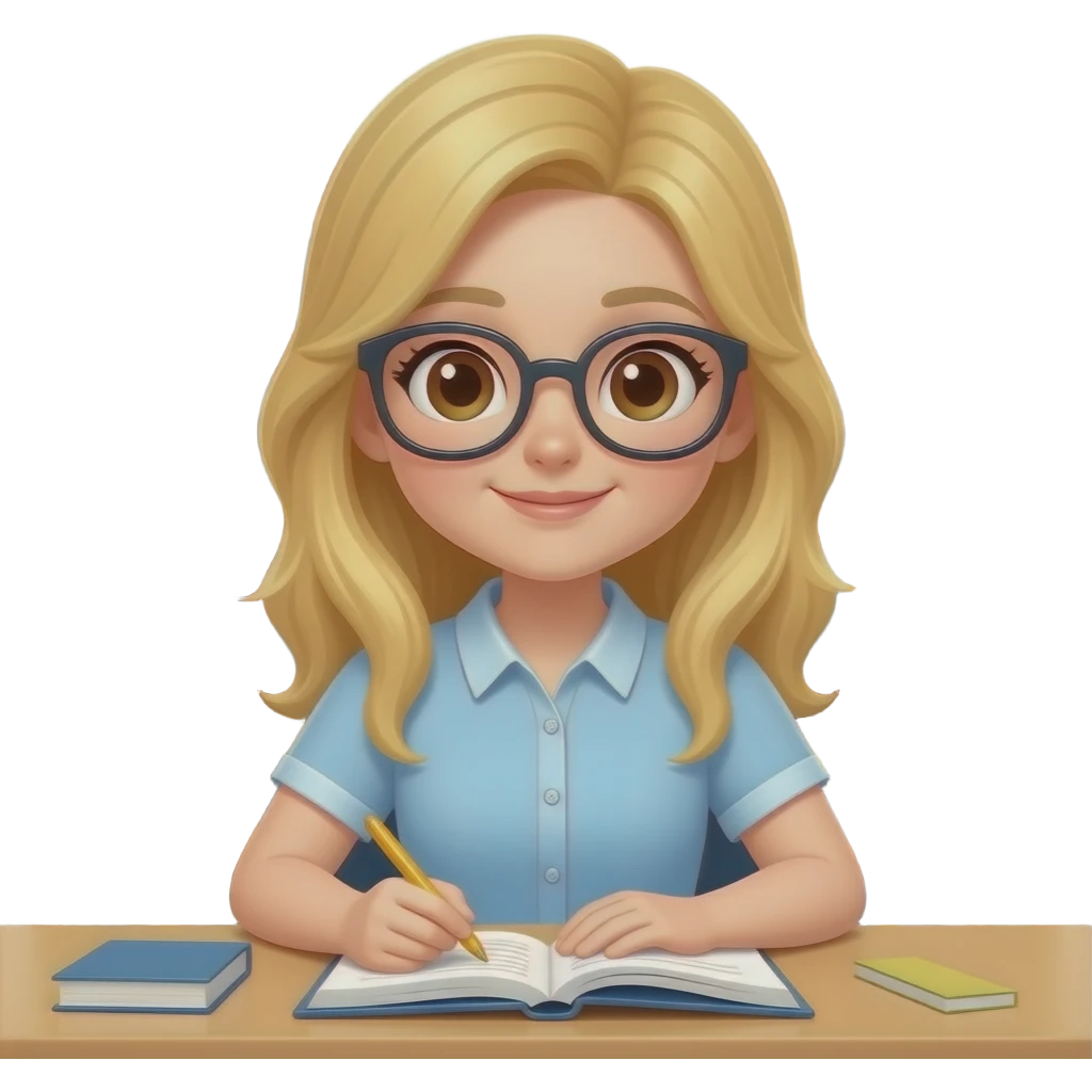 chica rubia con gafas de ojos marron estudiando. QUE EL fondo sea en la biblioteca que no sea blanco emoji