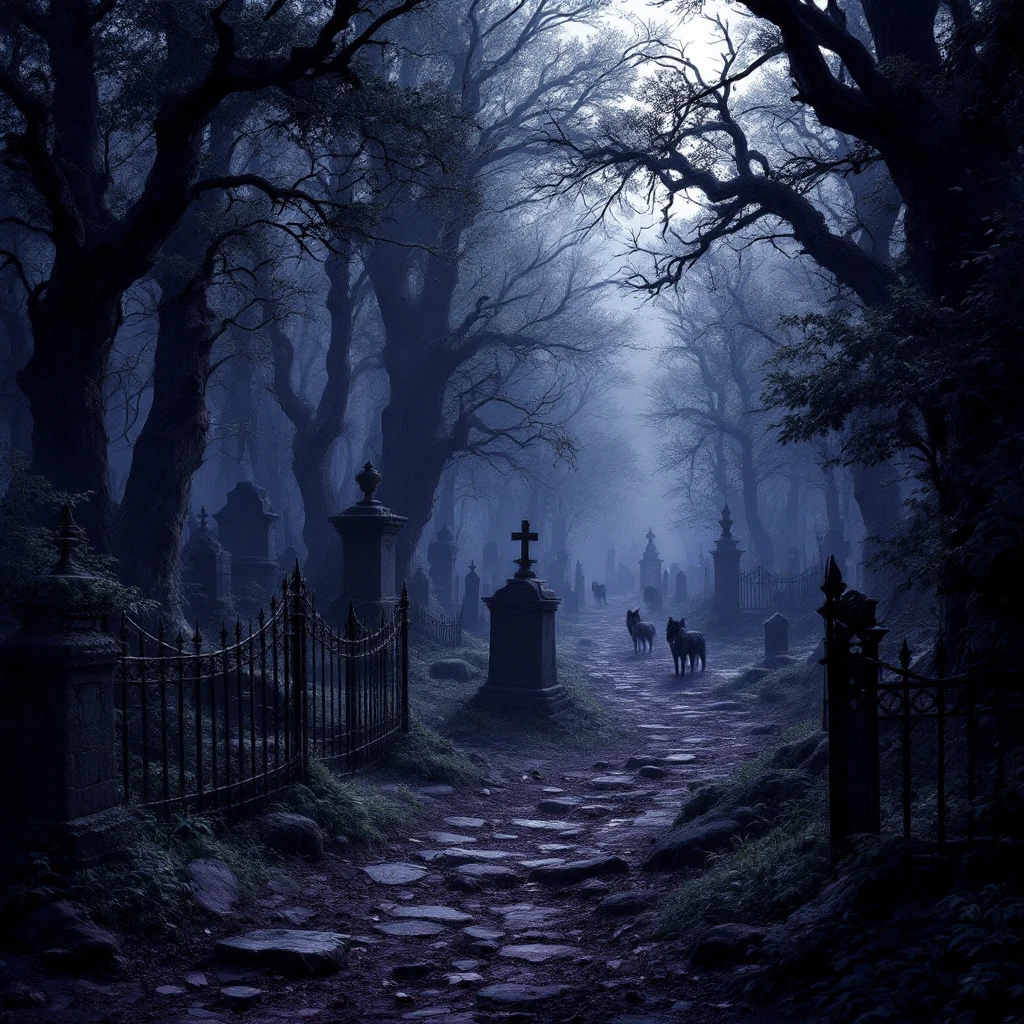 a fantasy dark forest, haunted, graveyard, iron fences and stonework, trees, wolves in the distance, thick woods, deep dark purple myst emoji