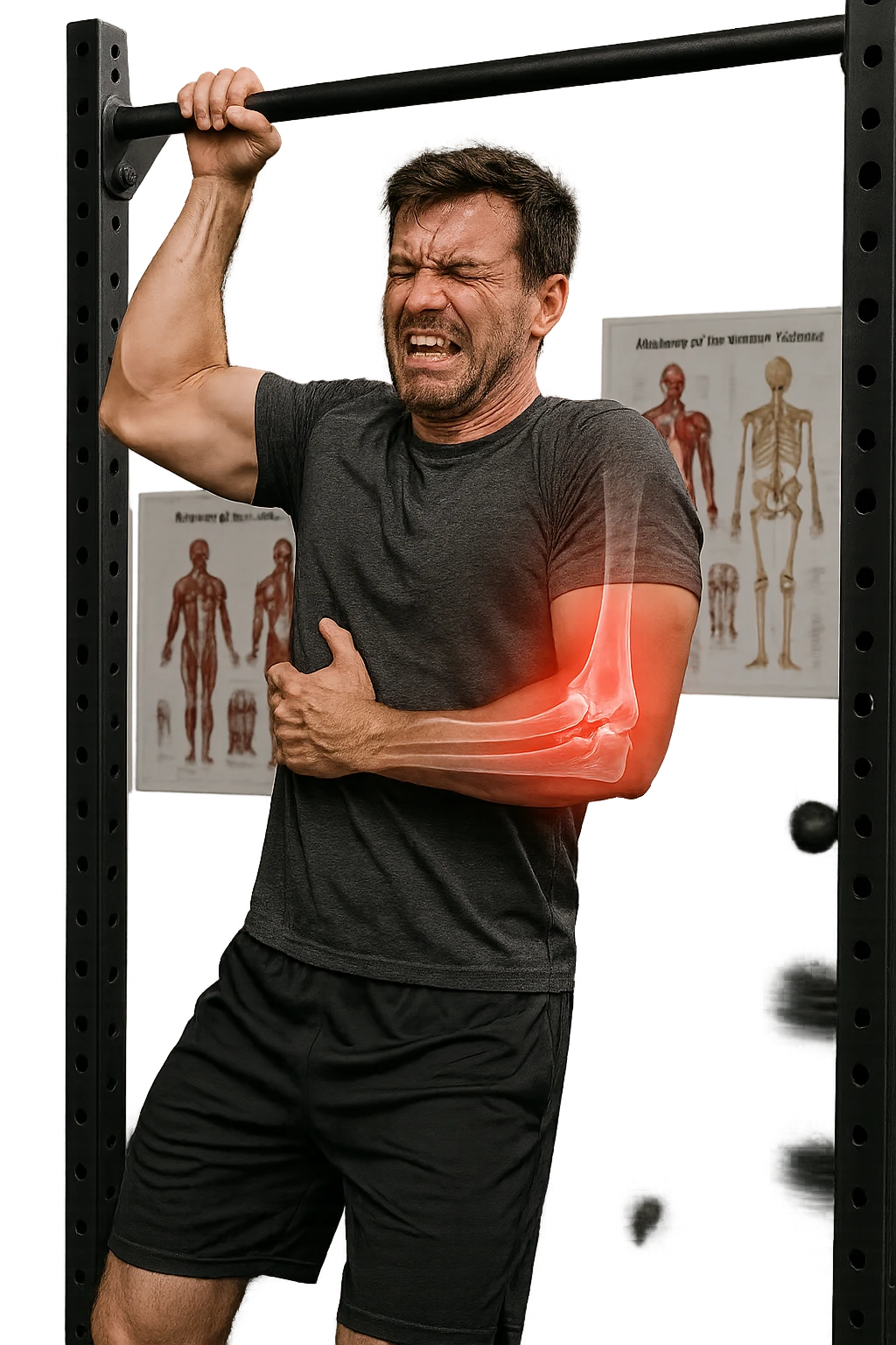 a man in gym attire is performing a pull-up on a bar when his face suddenly contorts in pain. His elbow is highlighted with a bright red glow, and a semi-transparent overlay reveals a visible tear or injury in the joint structures (such as ligaments or tendons). The background is a modern gym, with anatomical posters and equipment. emoji