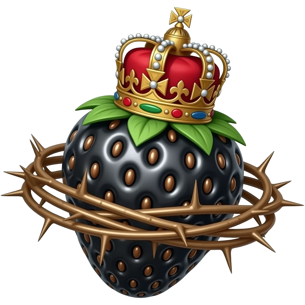 steampunk style - a rusty metal structure with many rivets in the shape of a wild black strawberry with a rusty, richly decorated English royal crown. vAn oversized crown of thorns is wrapped around the strawberry's body and is spinning around its body emoji
