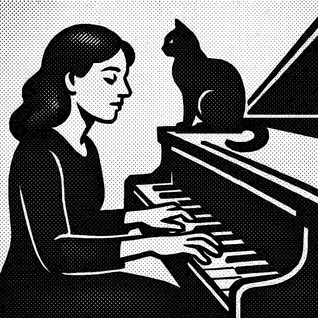 woman playing piano while her cat sits on top of the piano emoji