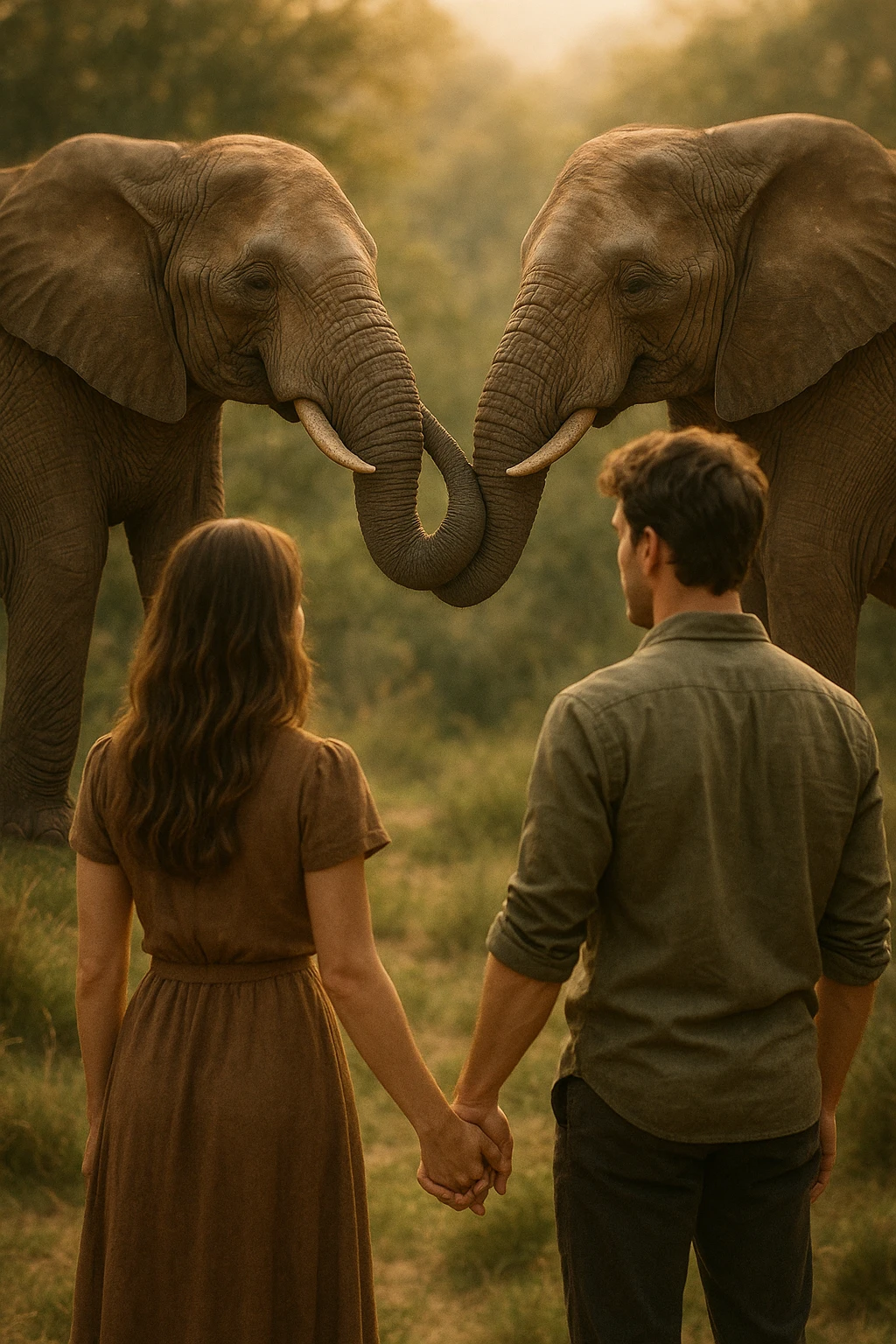 Vertical format: A man and woman watching two elephants touching trunks, the couple holding hands, atmosphere of connection and inspiration. emoji