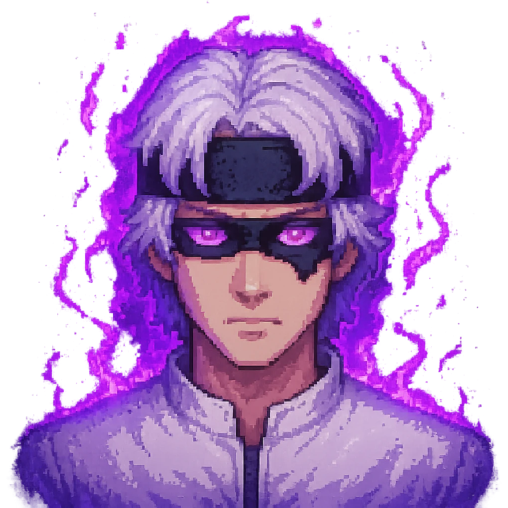 Add glowing purple energy effects to Gojo Satoru in pixel art style, maintaining the transparent background. The glow should be bright and magical, emphasizing the character's power with purple light. emoji