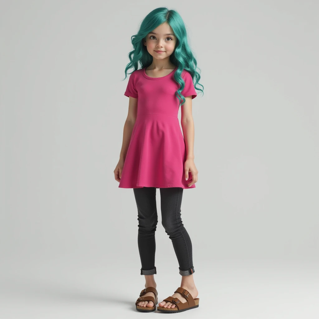 a realistic girl with teal hair, wearing a hot pink dress, black jeans, and brown birkenstocks, standing, photorealistic, casual pose emoji