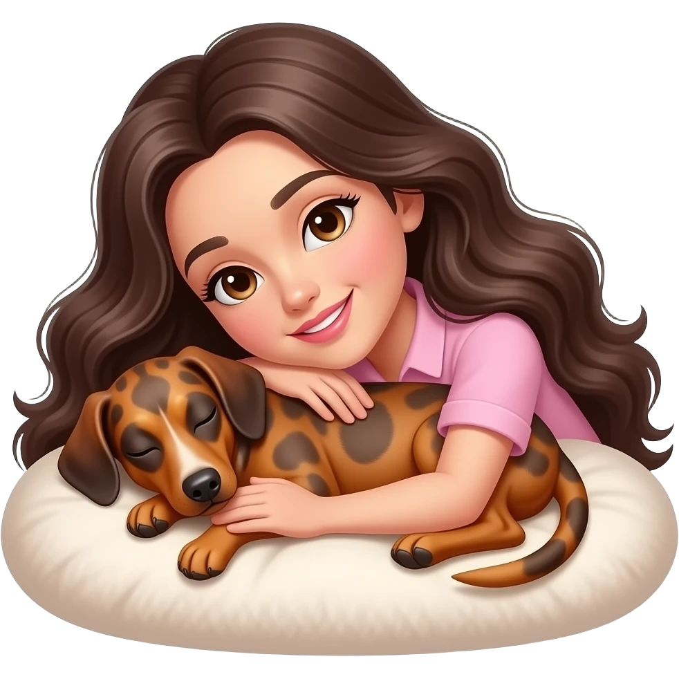 A girl with long, wavy, dark brown hair, brown eyes, fair to medium skin, long eyelashes, light pink lipstick, smiling, wearing a light pink blouse, sleeping with a brindle pinscher dog on a cozy cushion. emoji