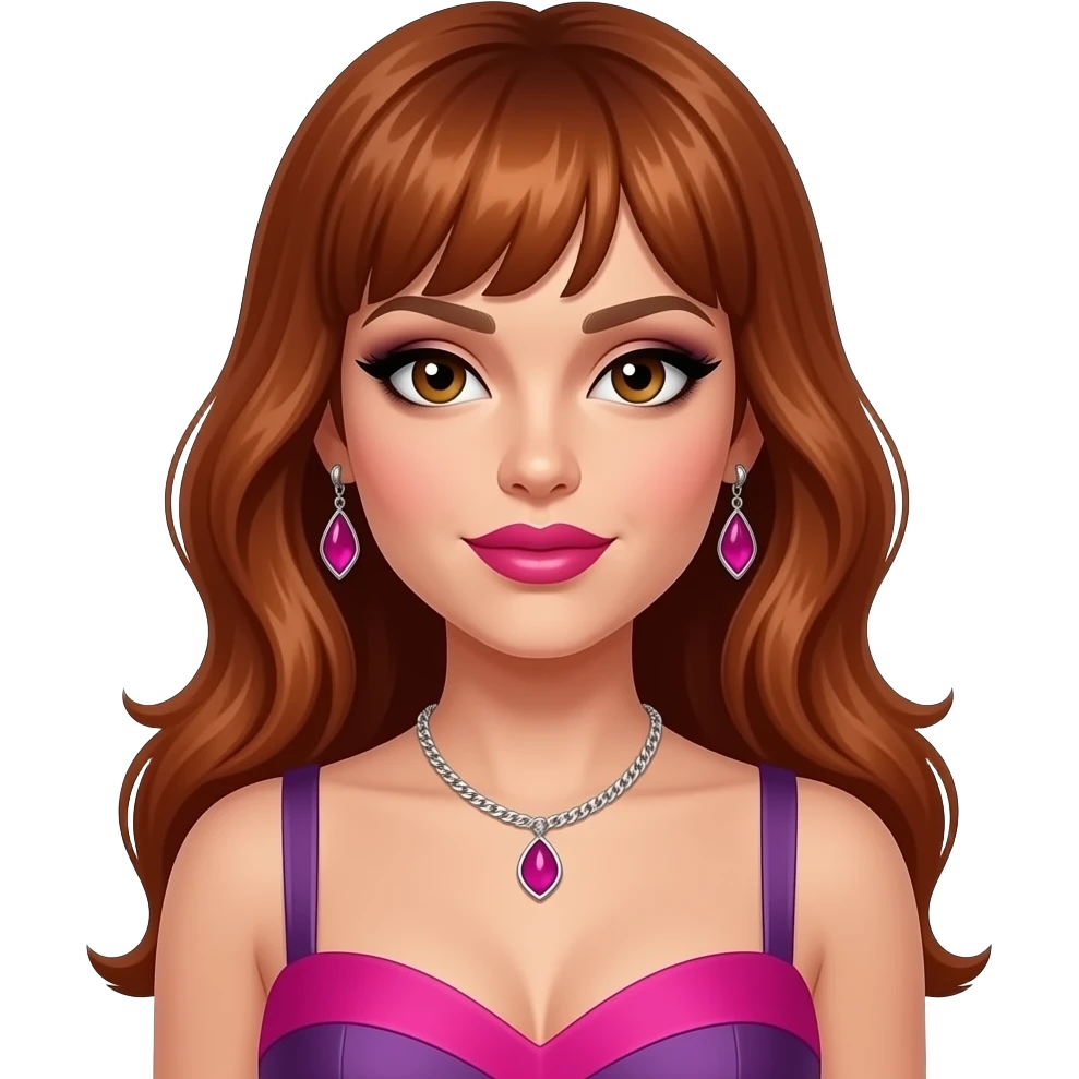 Jessica Sutta from The Pussycat Dolls with hazel eyes, long reddish brown bang hair, black eyeshadow, hot pink lipstick, pink and purple off corset dress, necklace and earrings emoji