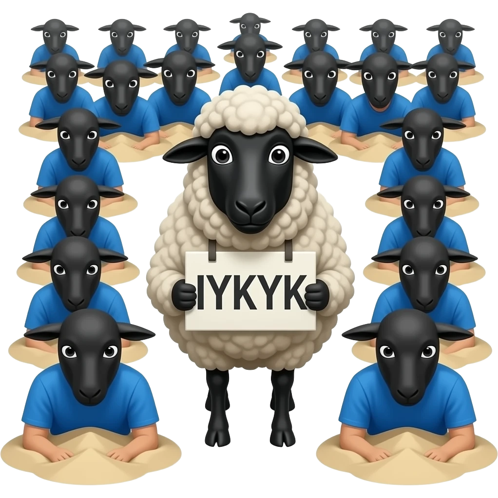Black sheep with a sign saying “IYKYK. black sheep is surrounded by a flock of black sheep. and in the background is people Burying their heads in the sand in blue tops. make it a full black sheep the wool is black. emoji