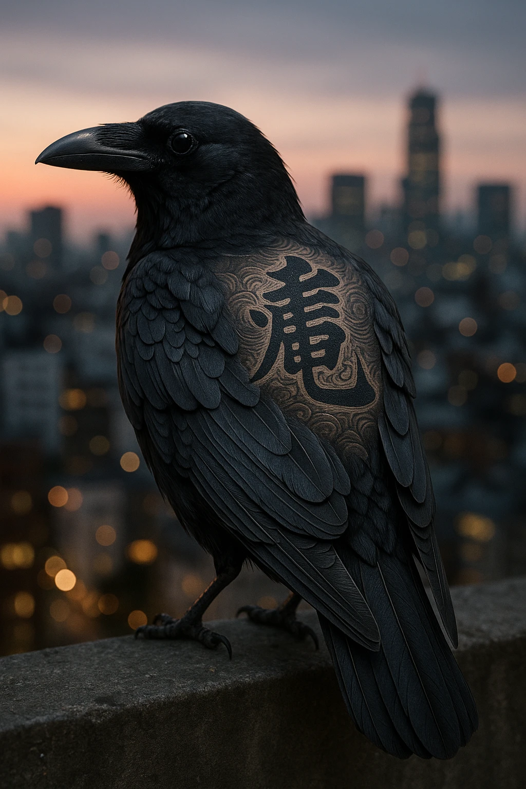 A crow showing off yakuza kanji on its back, with subtle ink details and a cityscape in the background emoji