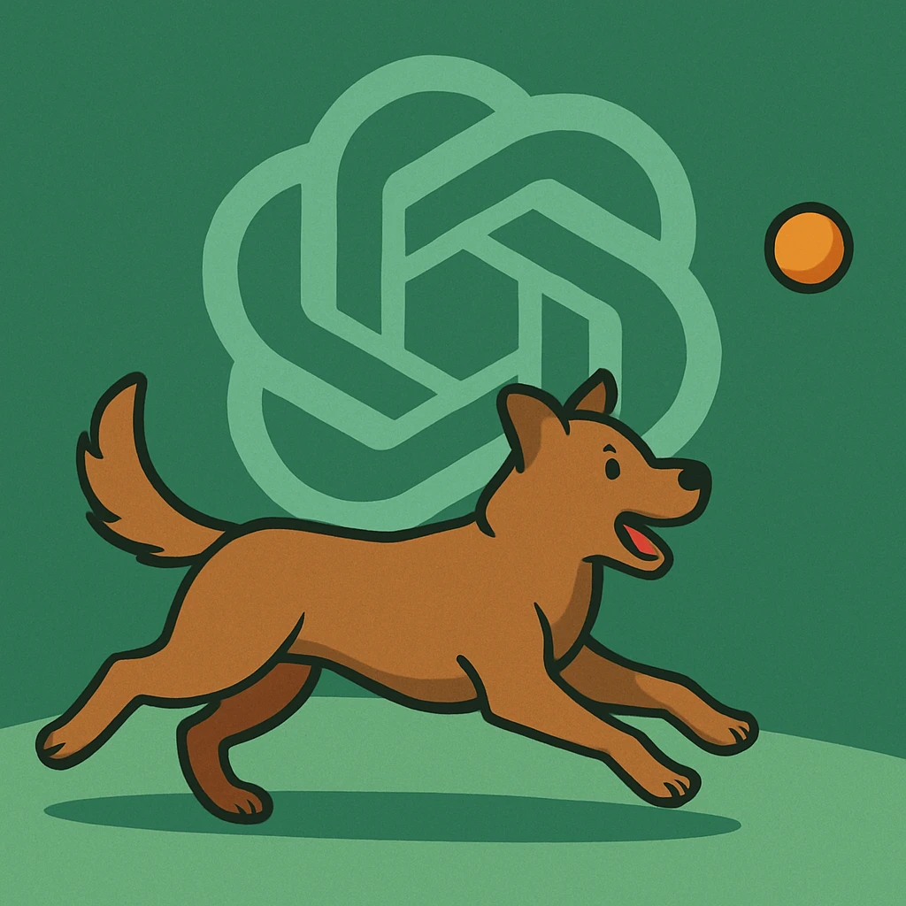 chat gpt image logo on the background of a dog chasing ball emoji