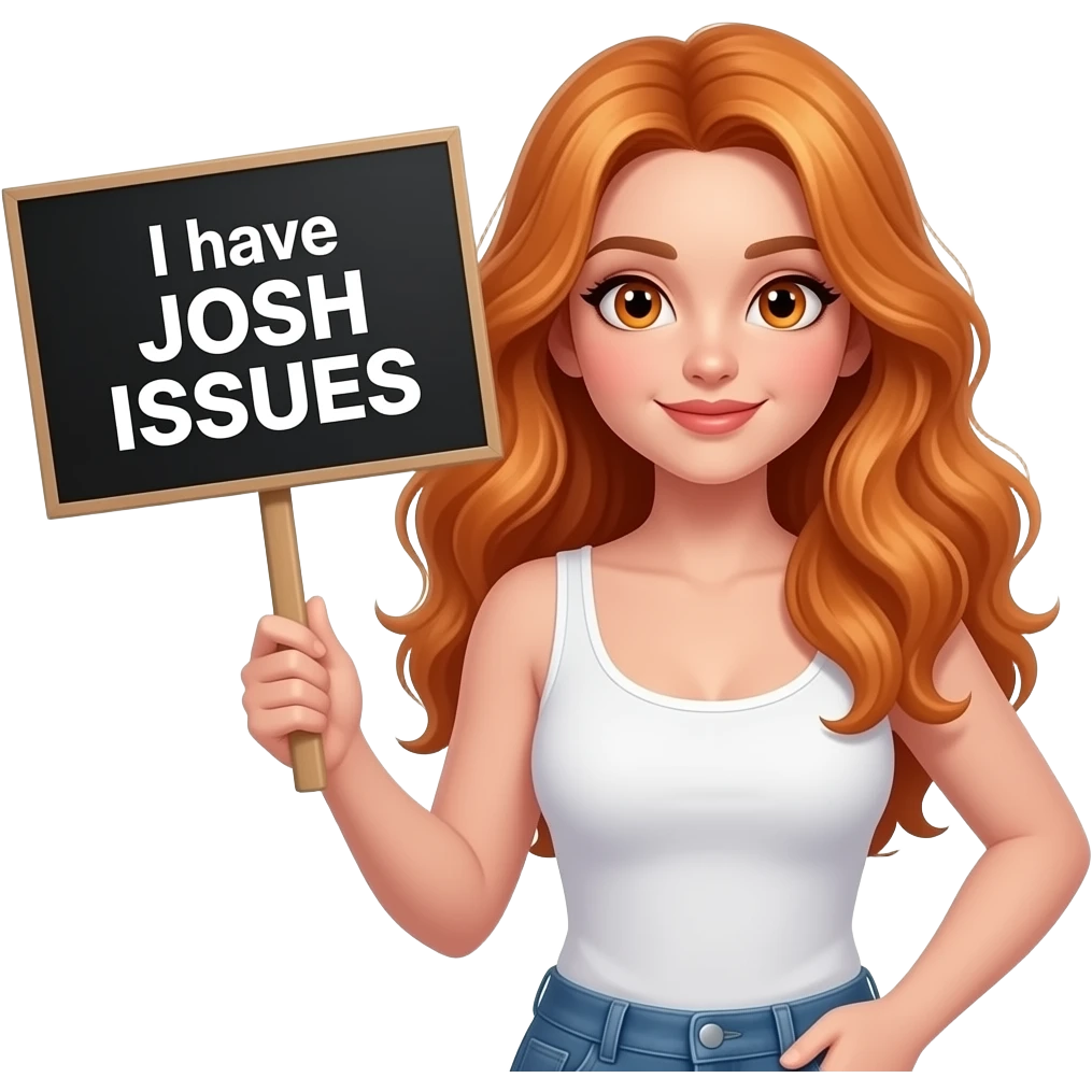 sexy girl with long wavy ginger hair and ginger eyes wearing a white tanktop is holding a black colored sign with I have JOSH ISSUES written on it emoji