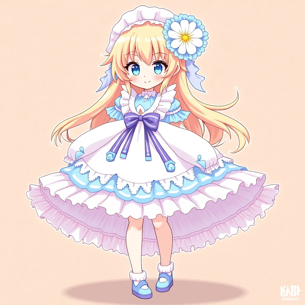 Take the image of the video game character Lumine from the video game Genshin Impact and make it as true to the original anime art style of the game as possible, full body, pretty, official sprite art, flower in hair emoji