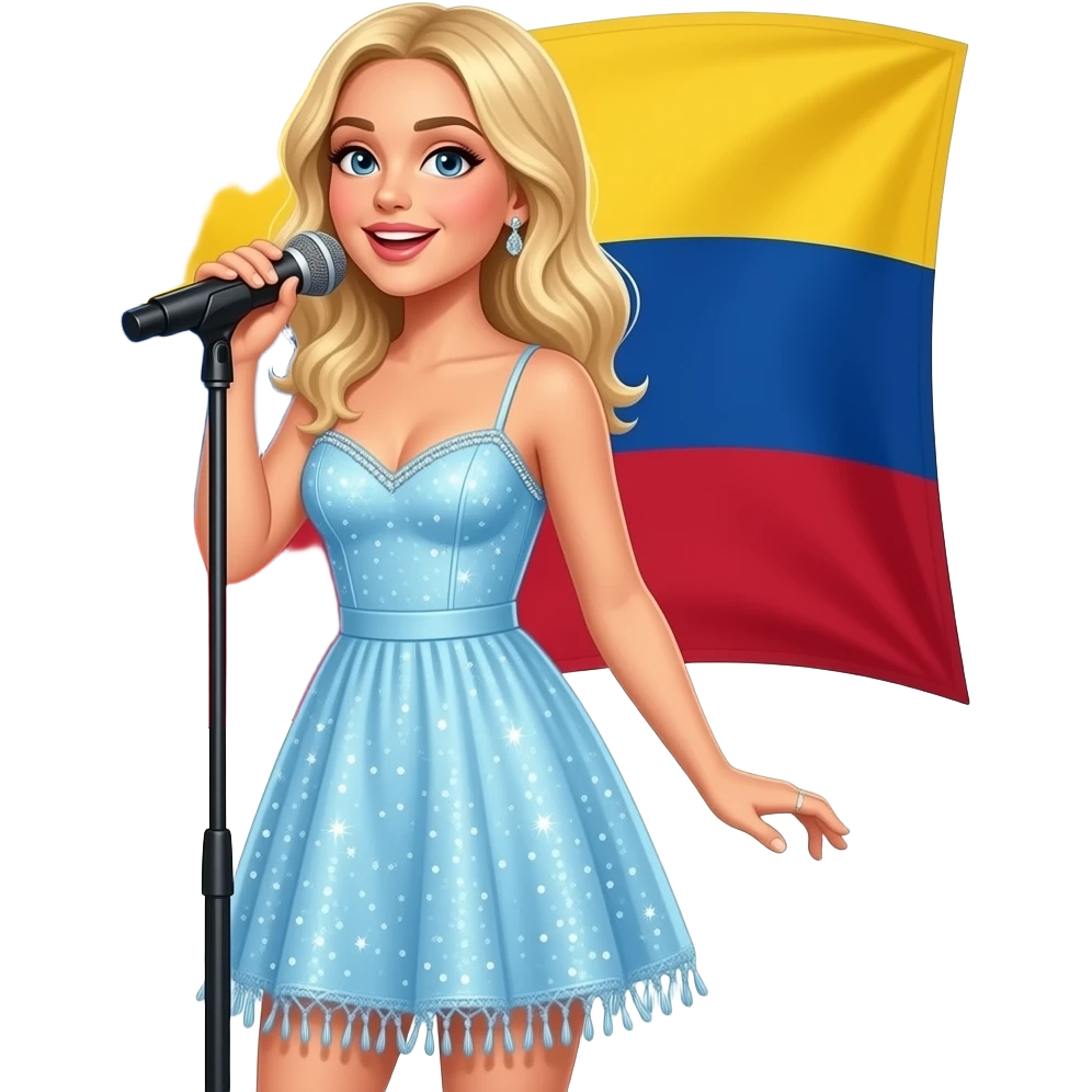 Sabrina carpenter blonde hair performing at a concert  in a light blue sparkly dress with strings at the bottom and sparkly at the top. Columbia’s flag in background (red, blue,and yellow) emoji