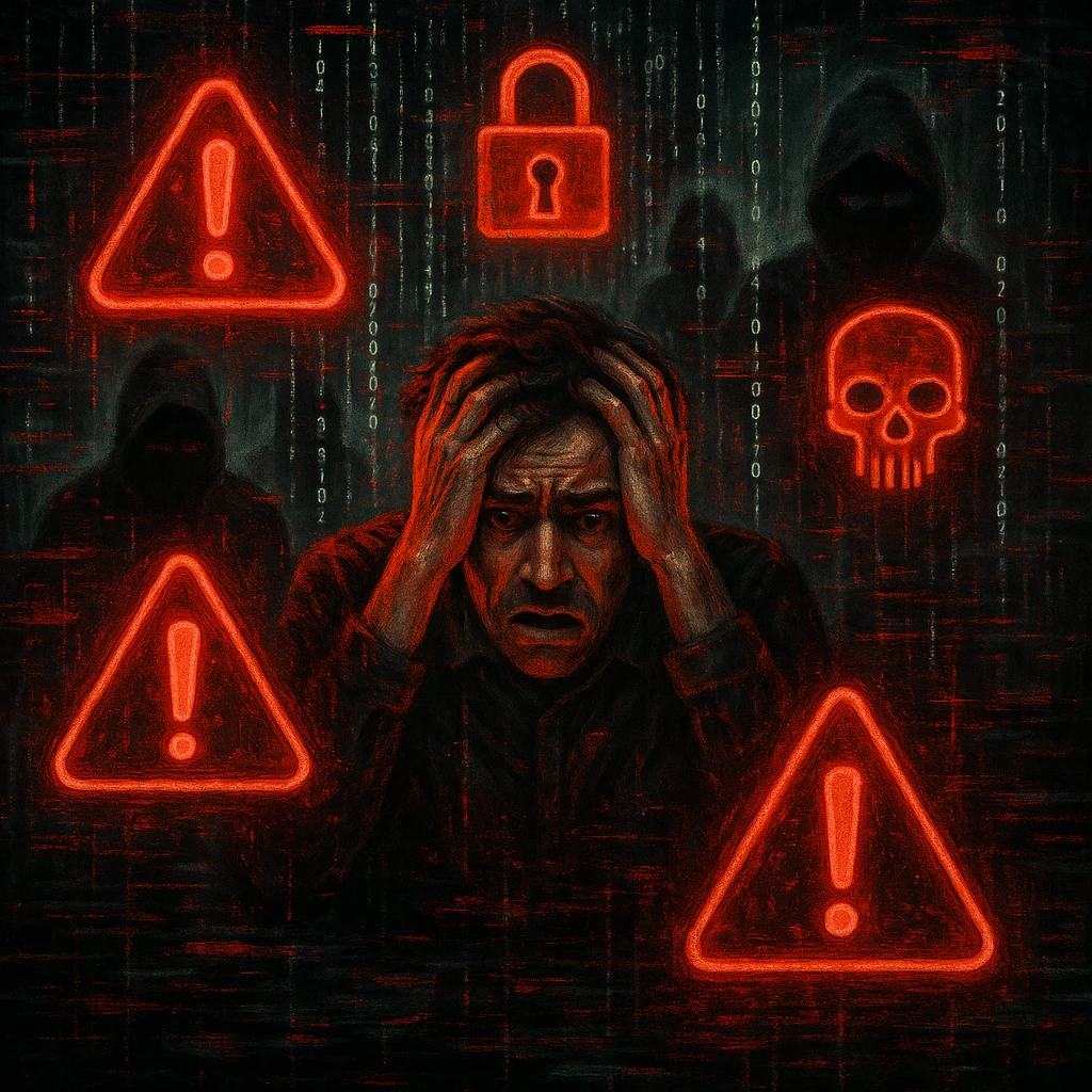 A surreal scene representing a cyber security nightmare: a person surrounded by glowing red warning symbols, shadowy hackers, and streams of binary code, with a sense of chaos and digital threat. emoji