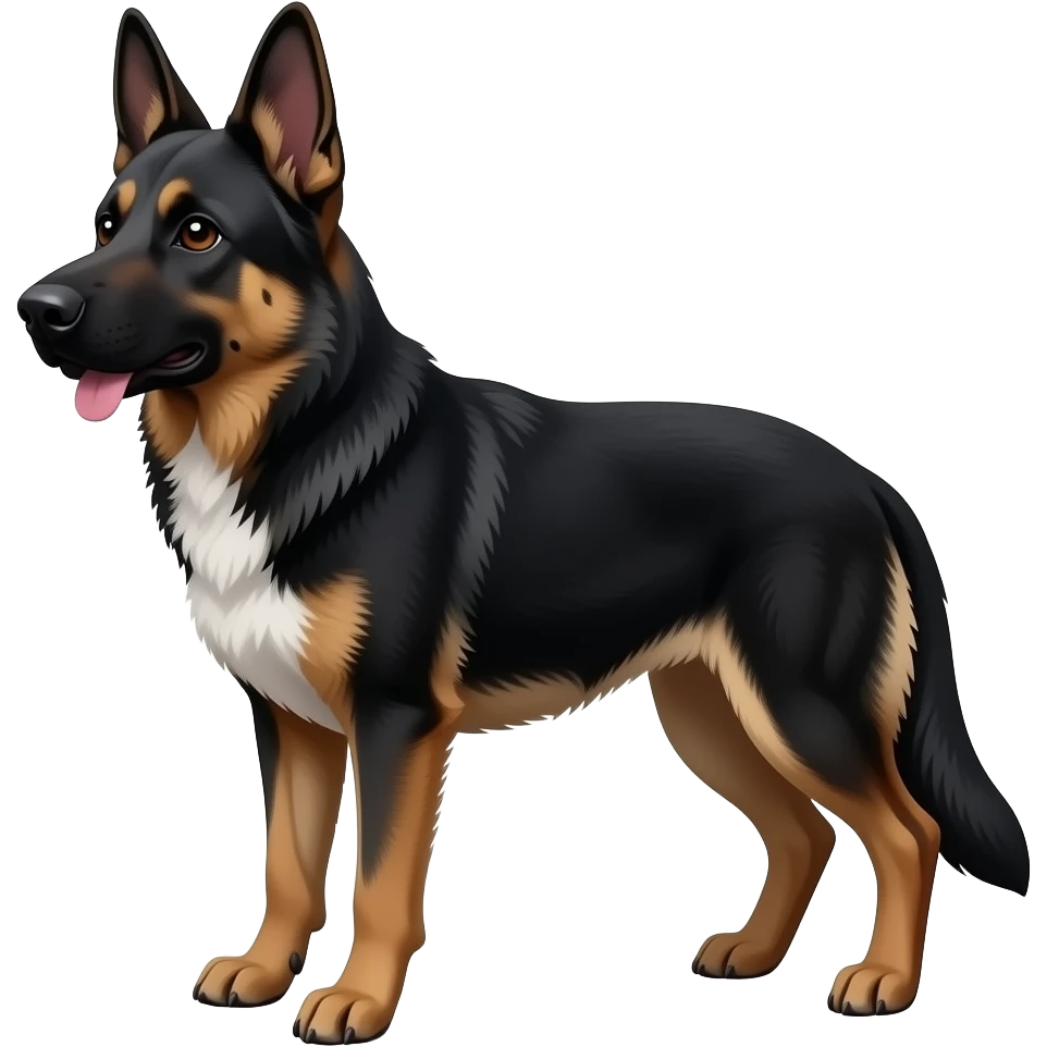 A narrow, pointed head with pointed, erect ears, long black hair and a white Little patch on the front of the neck. Similar to a black German Shepherd no Brown hair emoji