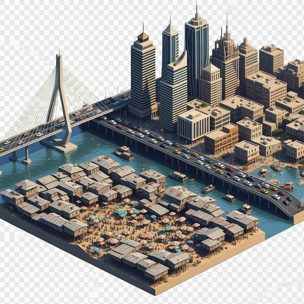 Isometric miniature of Lagos Lekki-Ikoyi Bridge, Eko Atlantic skyscrapers, Makoko slums, tin-roof shacks, chaotic markets, gridlocked traffic, 3D miniature effect and Tilt Shift effect, no cartoonish look, transparent background, don't cut angles emoji