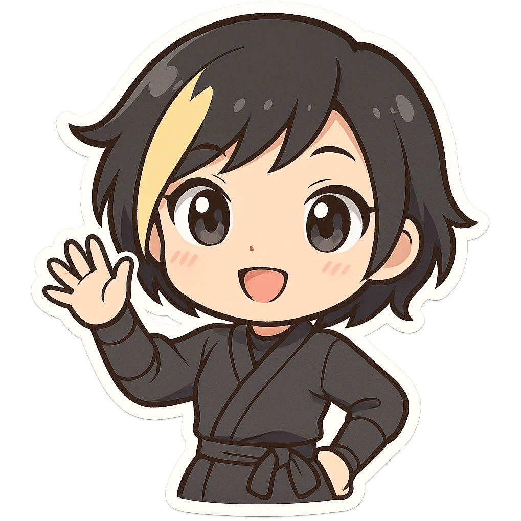 chibi ninja girl with black short hair and a blonde streak, big head, small body and arms, not overly round or infant-like, cute and playful, anime-style face with large expressive eyes, small nose and mouth, subtle blush, hand fully raised, waving to the left, smiling, pastel colors, soft shading, clean outlines, no mask emoji