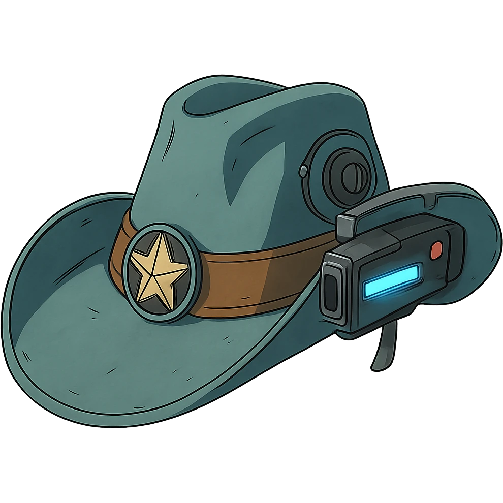 a tricked out futuristic cowboy hat, viewed 2/3 to the front emoji