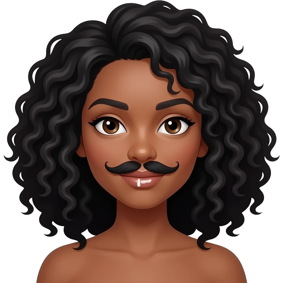 Medium dark skinned woman with black curly shoulder-length hair and a moustache made of lotion emoji