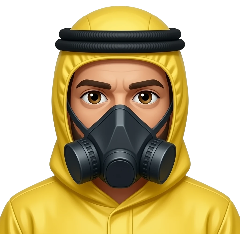 arabian man, brown eyes, light brown skin, yellow hazmat suit with hood on + mask and igal emoji