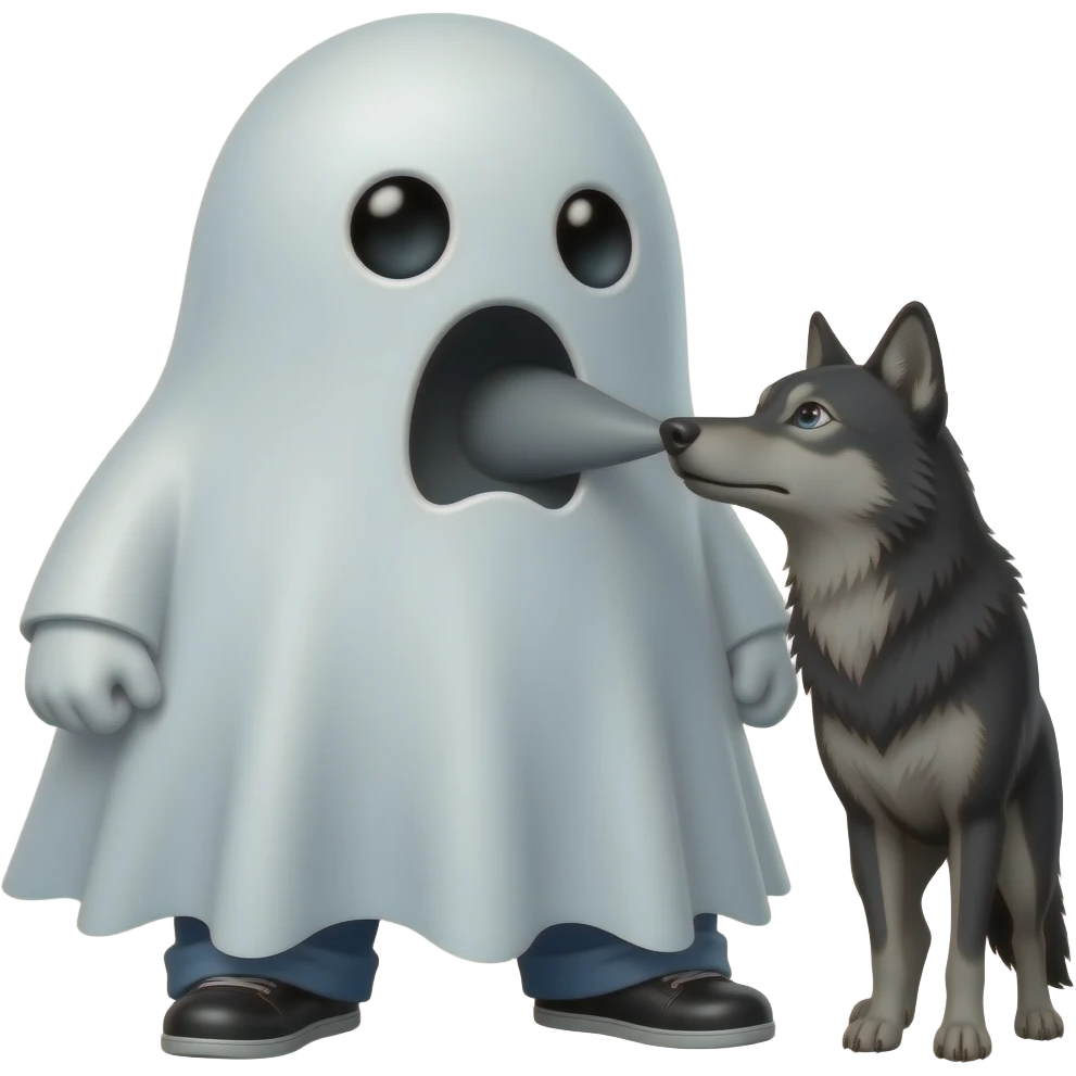 a large ghost man booping the snout of a black wolf emoji