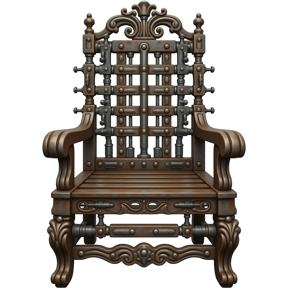 an elegant electric chair frontally composed of many rusty metal parts of old Victorian guillotines emoji
