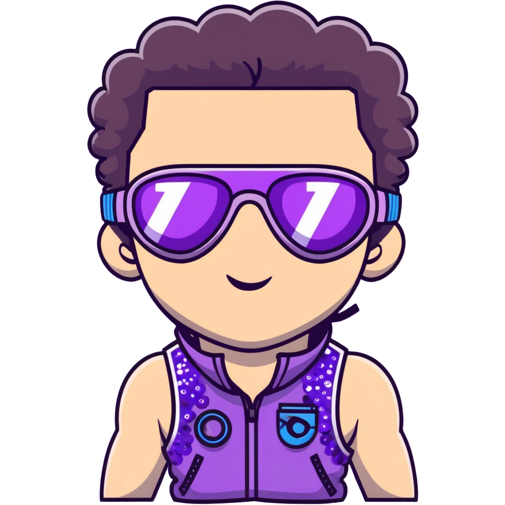 close-up of cool guy male athlete with white skin and moderately curly dark brown hair on top with shaved sides, with one purple ski goggle lens pushed up above his eyes on his forehead, sticking his tongue out of his mouth, a simple plain black chain necklace, and a completely unzipped sleeveless vest with purple and black sequin fire pattern design with no logo emoji