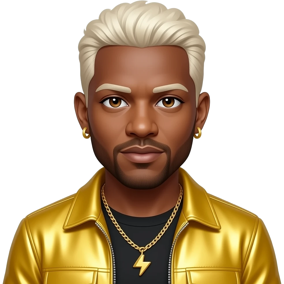 Bryan Abrams from Color Me Badd with white skin, brown eyes, white blonde 90s hair and short beard, yellow metallic new jack swing outfit, necklace and earrings emoji