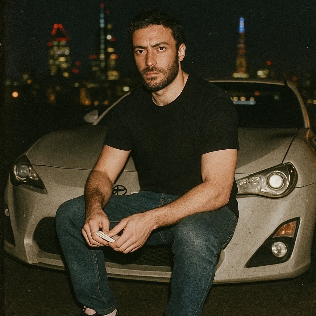 Grunge-style analog photo, London 2025, person inspired by the reference image sitting in front of a Nissan GT 86, model pose turned towards the camera, wearing a black t-shirt, jeans, and Nike Air Jordan low shoes, using flash, nighttime city background, analog grain, 1/8. emoji