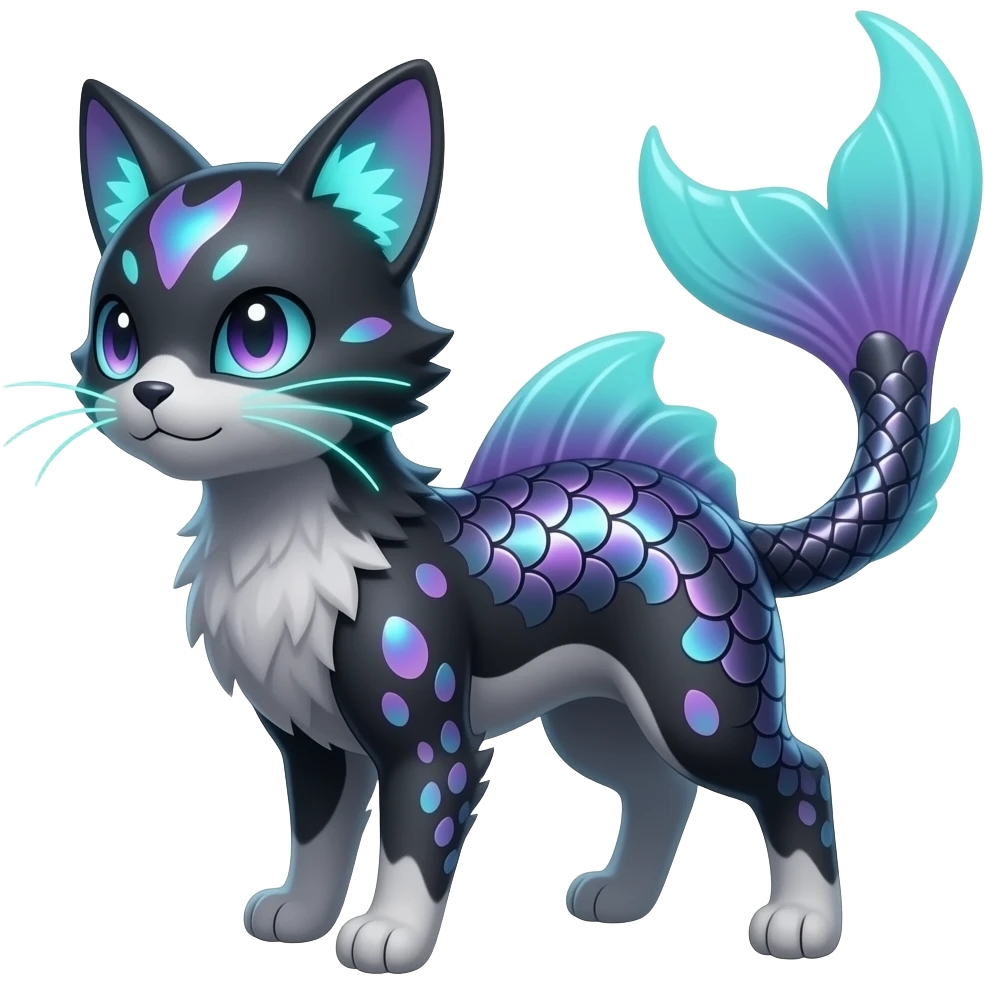 Realistic iridescent-scaled slim smooth oily shiny glossy elegant bioluminescent dull, furry oil-blackish oily greyish, purplish, neon-cyan, back-finned, abyss-fantasy-Zorua-Vaporeon-Sprigatito-Absol-Lykoi-Civet-Fakémon-fusion, with thin neon-glowing bulb-whiskers, koi-piebald-flecked full body emoji