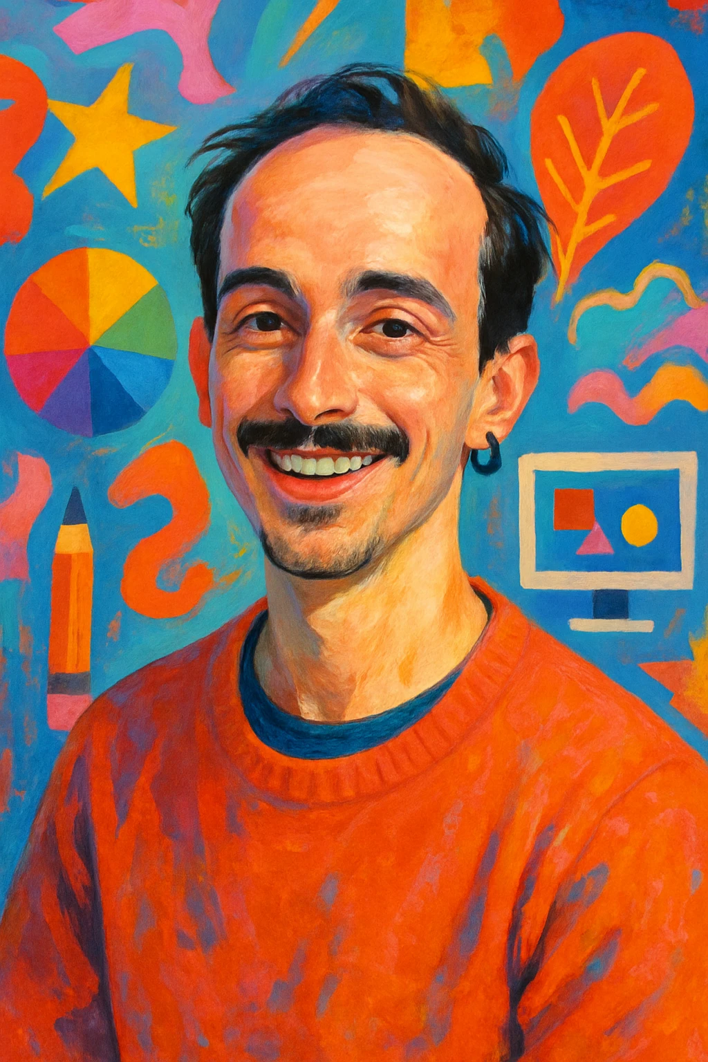 Young male graphic designer, receding dark hair, thin moustache, black earring left, cheerful, modern look, creative vibe emoji